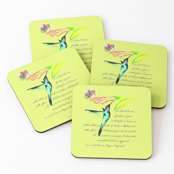 Item preview, Tropical torpor watercolor postcard hummingbird foraging hibiscus flower on French text poem sur le voyage tropical designed and sold by skiair.