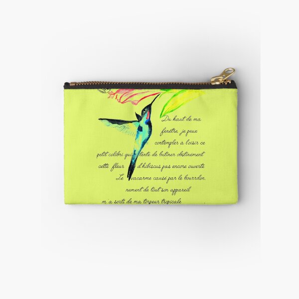 Item preview, Tropical torpor watercolor postcard hummingbird foraging hibiscus flower on French text poem sur le voyage tropical designed and sold by skiair.