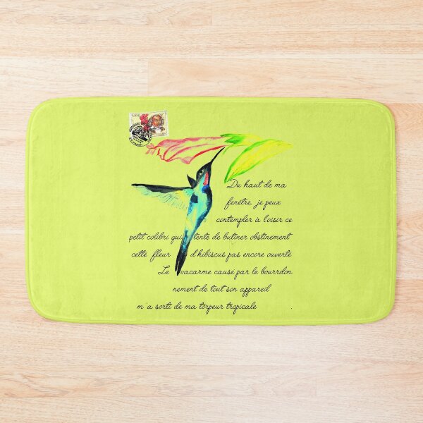 Item preview, Tropical torpor watercolor postcard hummingbird foraging hibiscus flower on French text poem sur le voyage tropical designed and sold by skiair.