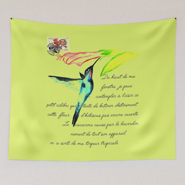 Item preview, Tropical torpor watercolor postcard hummingbird foraging hibiscus flower on French text poem sur le voyage tropical designed and sold by skiair.