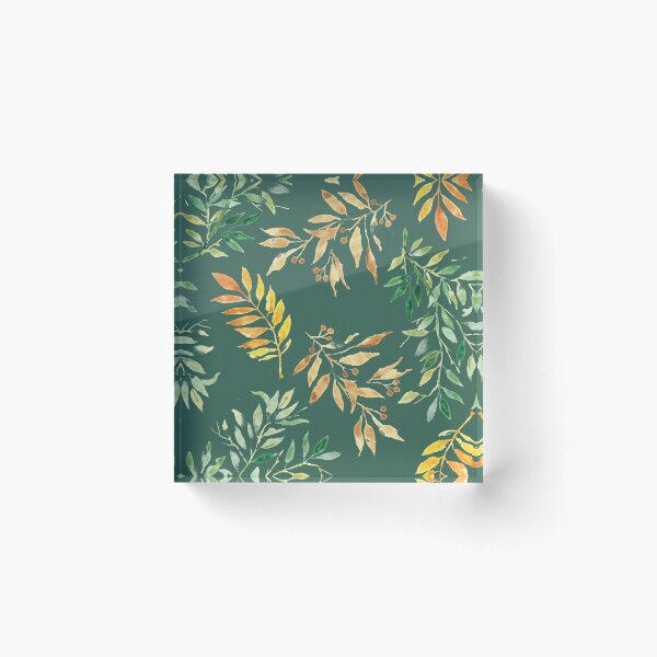 Watercolor leaves on green - pattern Acrylic Block