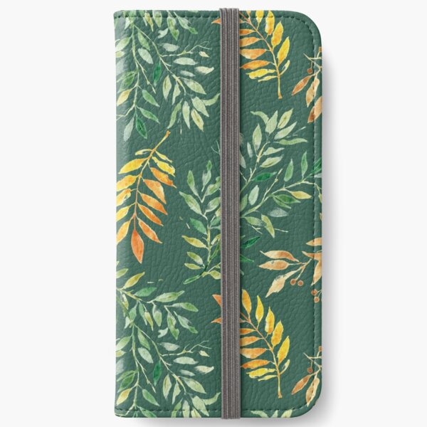 Watercolor leaves on green - pattern iPhone Wallet