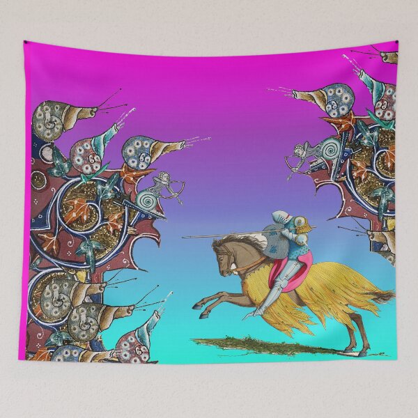 Item preview, WEIRD MEDIEVAL BESTIARY WAR, KNIGHT HORSEBACK COMBATTING WITH GIANT SNAILS In Pink Blue designed and sold by BulganLumini.