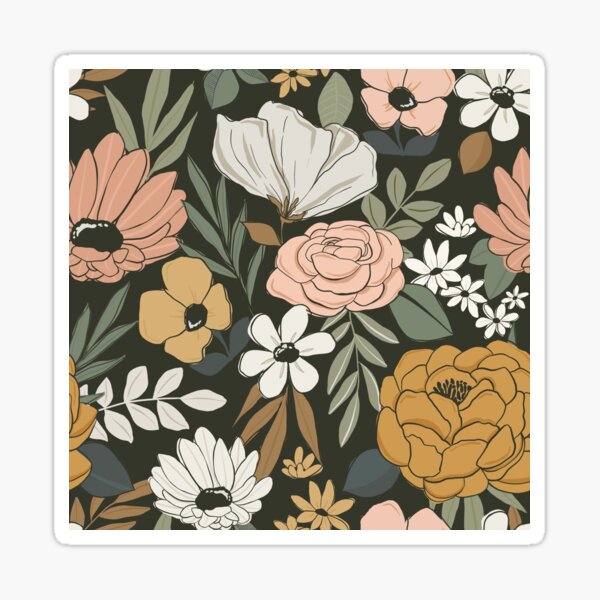 Vista previa del artículo con la obra «Floral bohemio, floral dibujado a mano, floral vintage, rosa rubor y amarillo mostaza», diseñado y vendido por cateandrainn.
