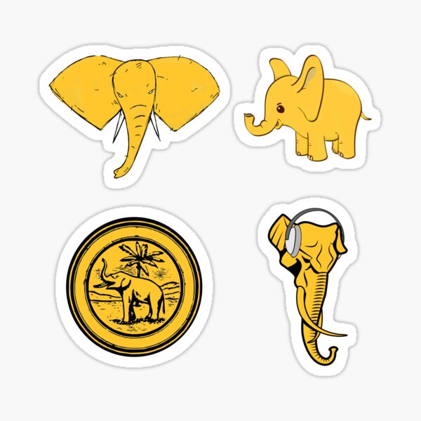 Yellow cartoon elephants sticker pack. Angry, baby, badge, music elephant for all kinds of elephant lovers! Sticker