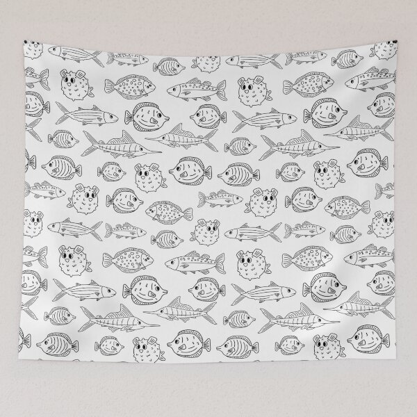 Item preview, Black white Seamless fish Doodle pattern designed and sold by essskina.