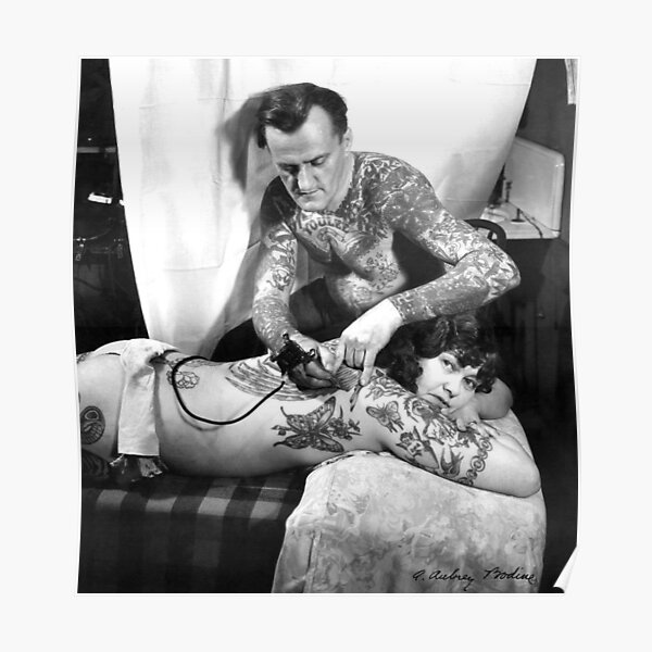 Vintage Tattoo art on body - retro studio tattoos bizarre art Poster