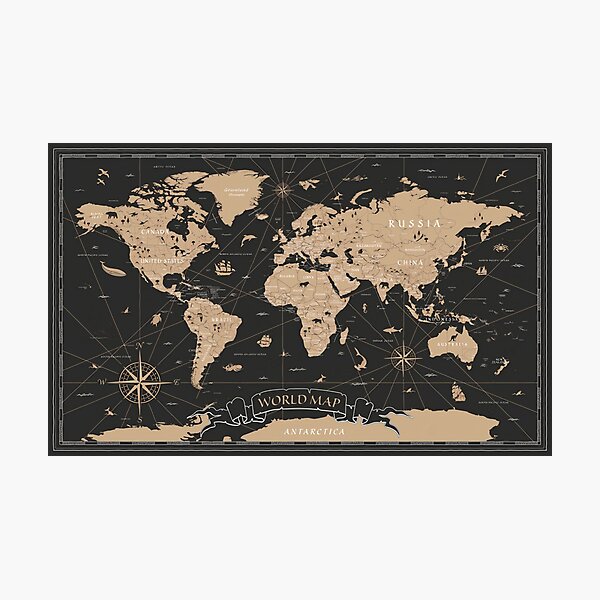 World Map Vintage Black Golden Detailed Photographic Print