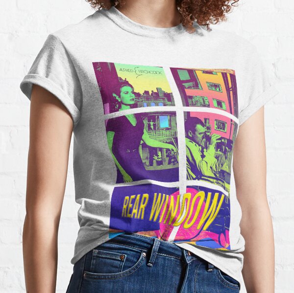 Alfred Hitchcock Rear Window Featuring James Stewart and Grace Kelly Colorful Neon Colors Officially Licensed Fan Art Classic T-Shirt