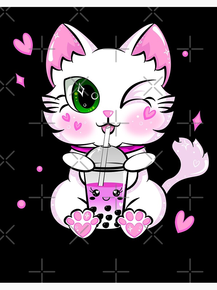 Kawaii Japanese Anime Cat Bubble Tea - Neko Kitty Drawing by DNT