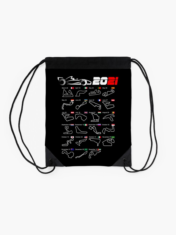 Alternate view of Calendar Formula race cars 2021 circuits Drawstring Bag