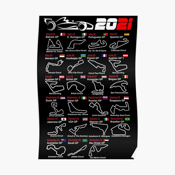 Calendrier des voitures de course de Formule 2021 circuits nommés Poster