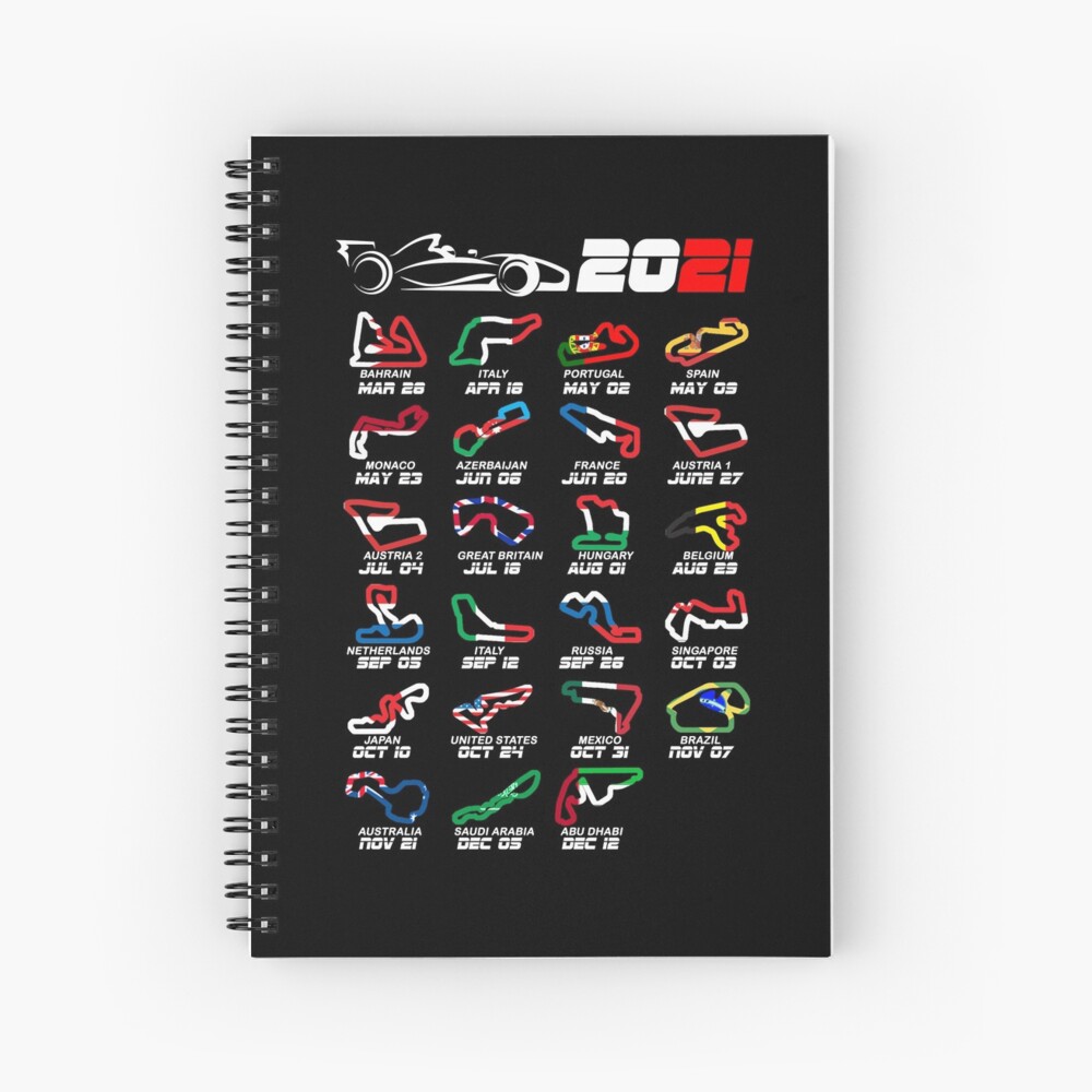 "Calendar Formula race cars 2021 circuits colors" Spiral Notebook by ideasfinder Redbubble