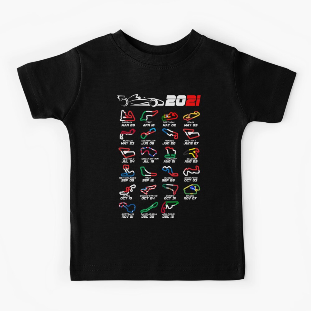 Calendar Formula race cars 2021 circuits colors Kids T-Shirt