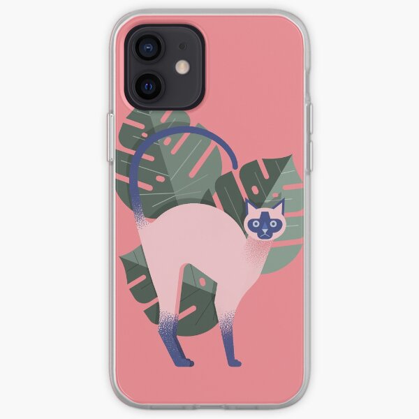 Grumpy Siamese Cat with Monstera Leafs Pink iPhone Soft Case