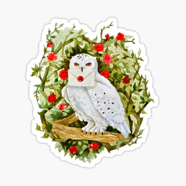 Item preview, Sticker with watercolor illustration. White owl with a letter. Rose bush.  designed and sold by MoxyProxy.
