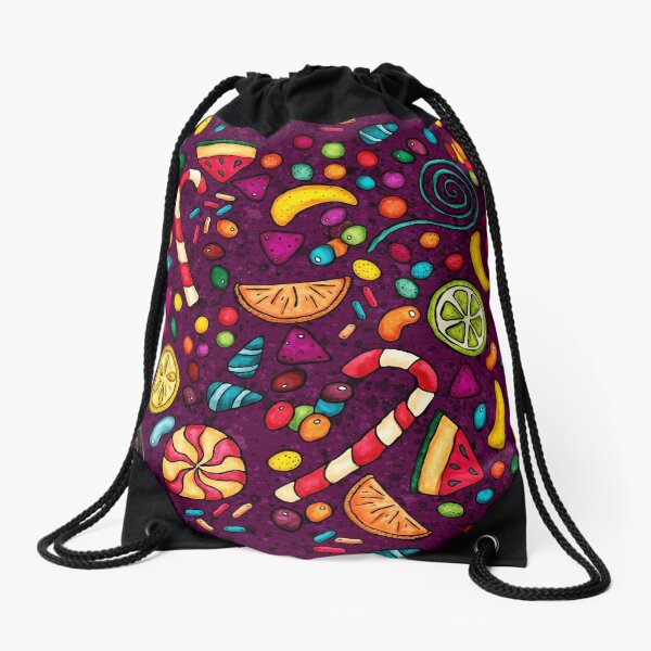 Multicolored candies on a purple background Drawstring Bag