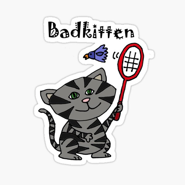 Cool Fun Grey Kitten Playing Badminton Sticker