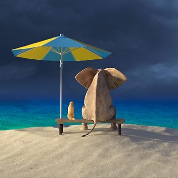 Artwork thumbnail, elephant and dog look at the stormy sky by Mike Kiev art