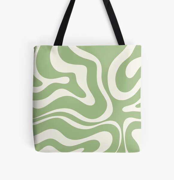 Modernes Retro Liquid Swirl Abstraktes Muster in hellem Salbeigrün und Creme Allover-Print Tote Bag