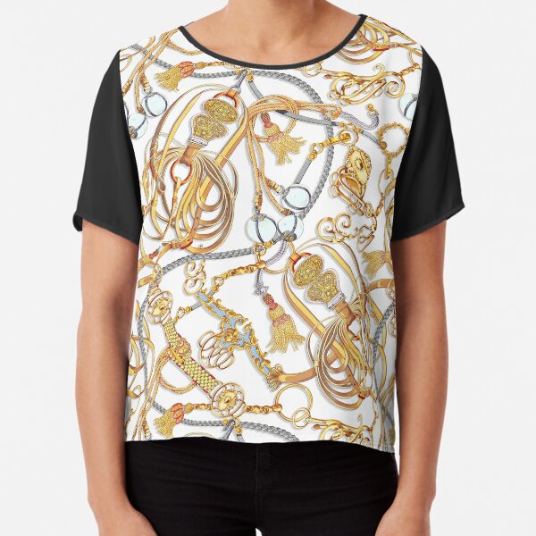 Gold color ornate pattern. White background. Chiffon Top