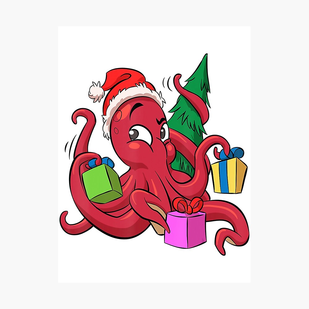 Premium AI Image | Christmas Octopus In Red Hat Tshirt Illustration