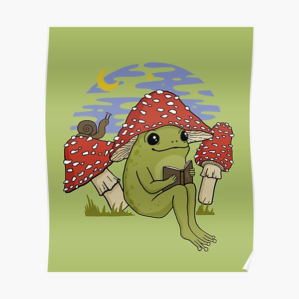 Cute Cottagecore Frog Mushroom Hat Reading Book Goblincore Toad Bookworm Snail Toadstool