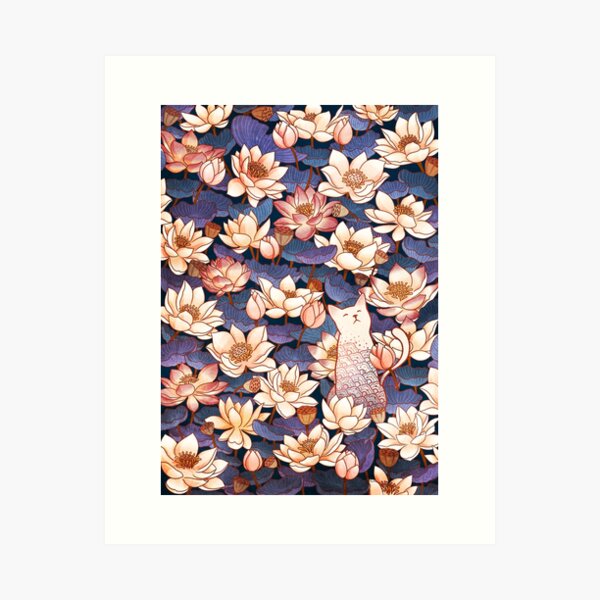 White cat and Lotus Art Print