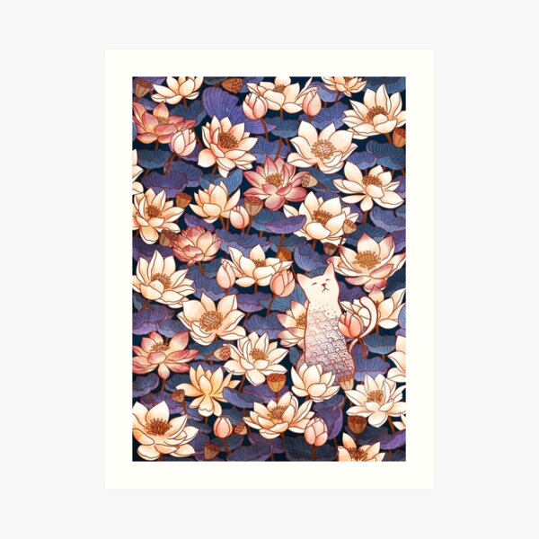 White cat and Lotus Art Print