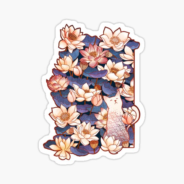 White cat and Lotus  Sticker