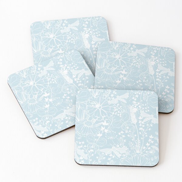 Item preview, White butterflies and grass on soft blue background  designed and sold by kMariaART.