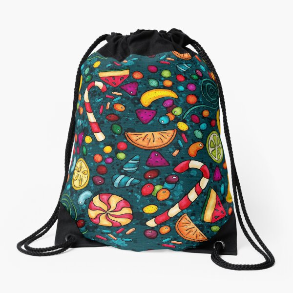 Multicolored candies, on a blue-green background Drawstring Bag