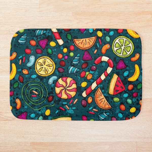 Bonbons multicolores, sur fond bleu-vert Tapis de bain