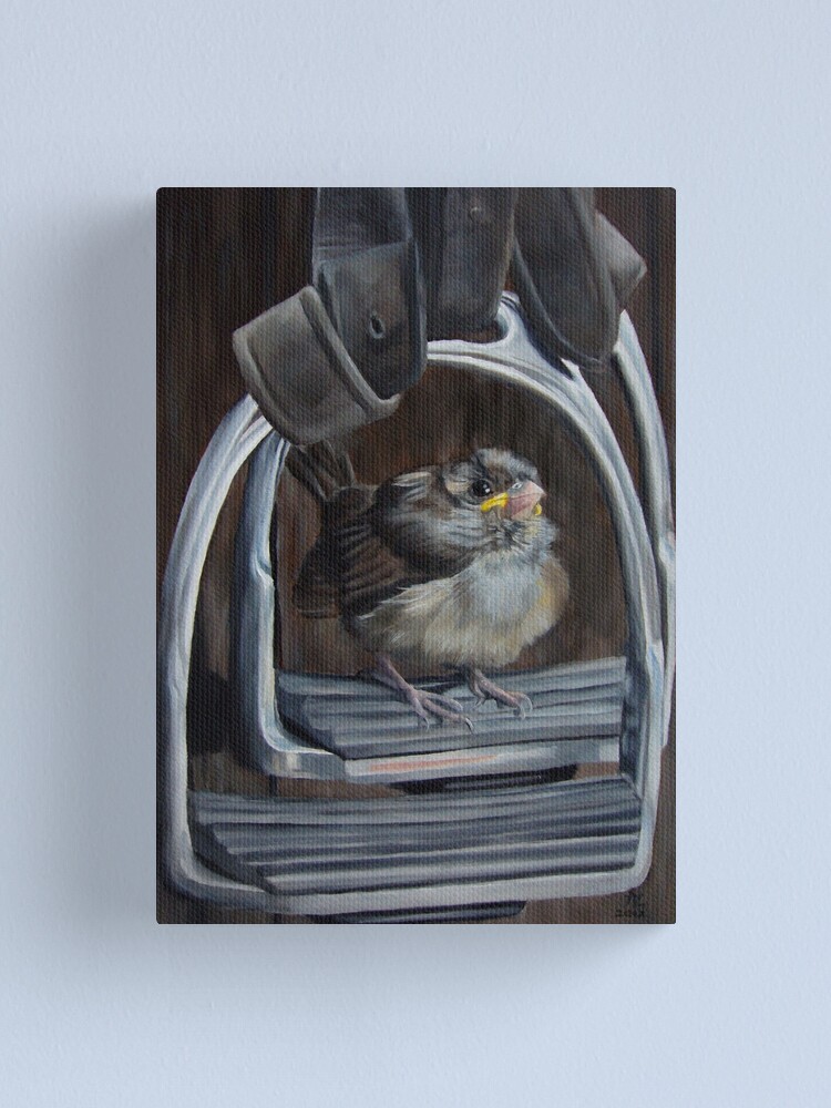 Alternate view of Ticket To Ride - little bird sitting in a horse's stirrup Canvas Print