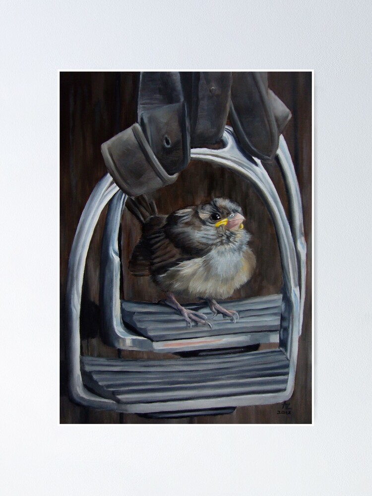 Alternate view of Ticket To Ride - little bird sitting in a horse's stirrup Poster