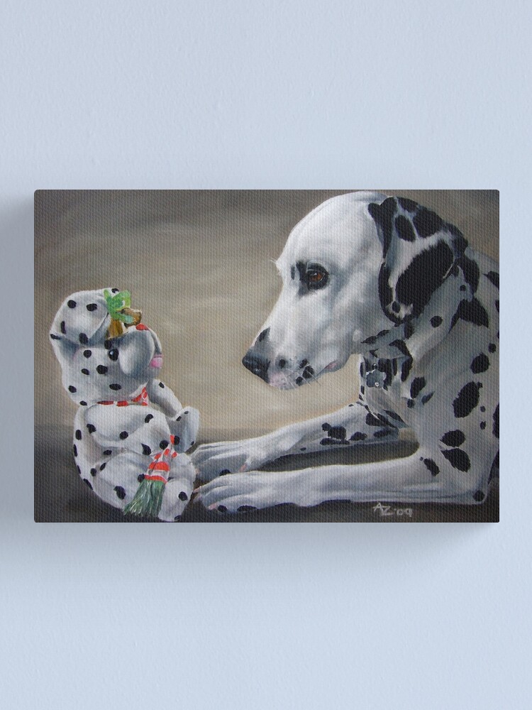 Alternate view of Little Friend With Bells On (Dalmatian and Christmas toy) Canvas Print