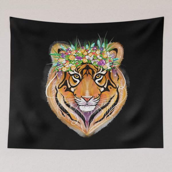 Item preview, The illustration is watercolour. Portrait of a tiger with a wreath of flowers on a black background. designed and sold by Mankaanna.