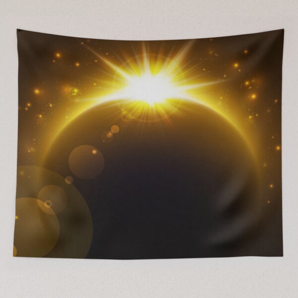 Item preview, Bright Yellow Rising Sun Behind Silhouetted Planet with Golden Stars designed and sold by WearWolfDesigns.