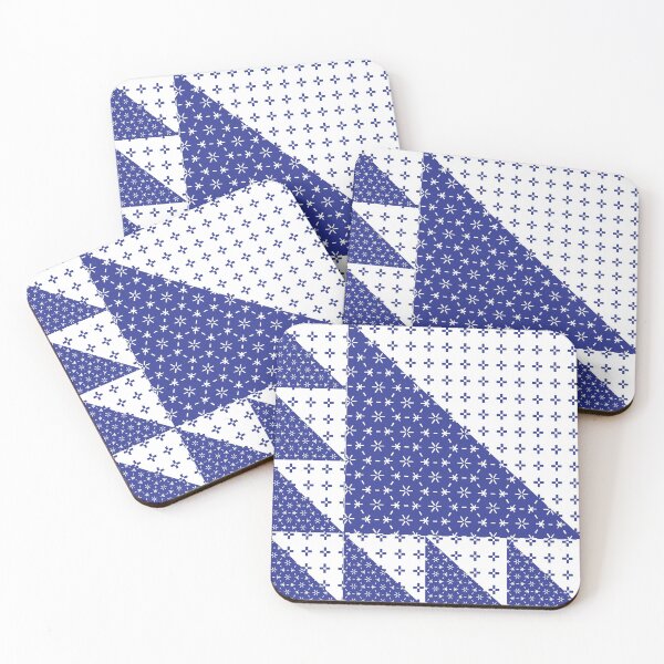 Item preview, Sashiko geometrical pattern on blue triangular patchwork designed and sold by FunnyChameleon.