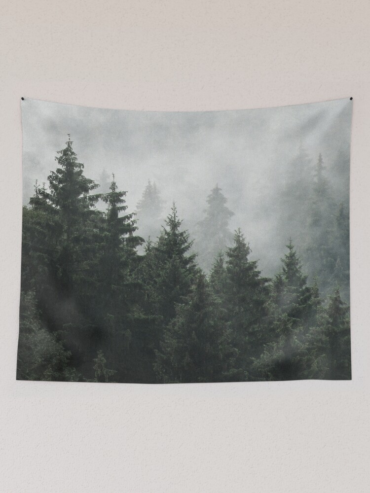Thumbnail 2 of 3, Tapestry, Waiting For // Misty Foggy Fairytale Forest With Cascadia Trees Covered In Magic Fog designed and sold by Tordis Kayma.