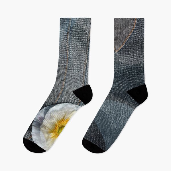 Item preview, White poppy flower on denim with waves designed and sold by CatCarrot.