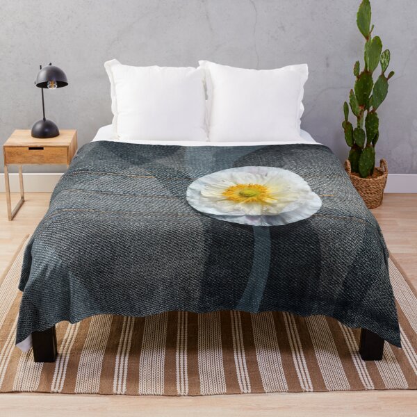 Item preview, White poppy flower on denim with waves designed and sold by CatCarrot.