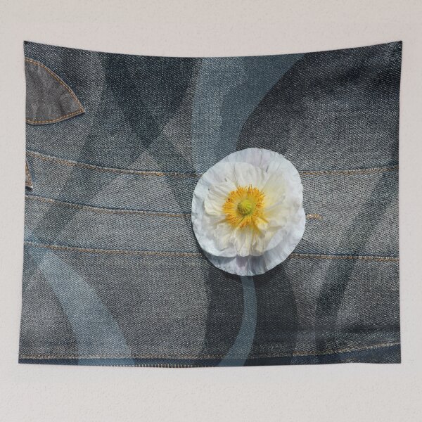 Item preview, White poppy flower on denim with waves designed and sold by CatCarrot.