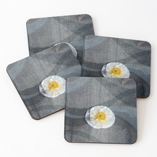 Item preview, White poppy flower on denim with waves designed and sold by CatCarrot.