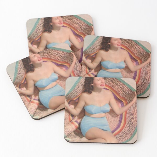 Item preview, Florida postcard - Vintage blue bikini sitting under a striped beach mat designed and sold by Lowtech.