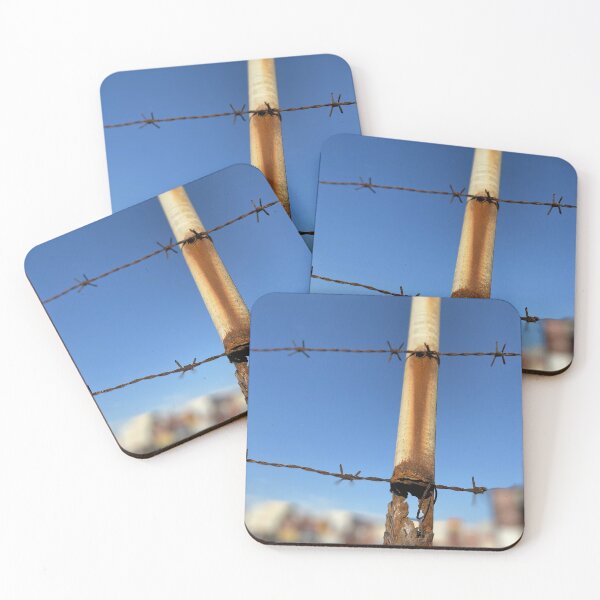 Item preview, Rusted pole and barbed wire in industrial setting designed and sold by picmistress.