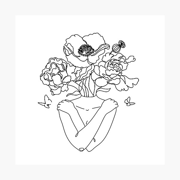 Item preview, Self love. woman hugs herself, flowers grow out Line Art Print. Woman With Flowers. Nude Line Art. designed and sold by OneLinePrint.