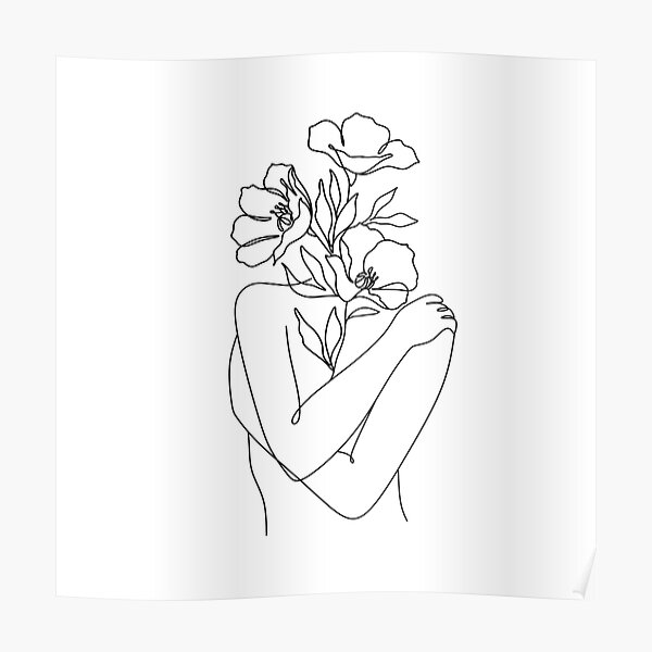  Flowers grow out Line Art Print. Woman With Flowers. Nude Line Art. Poster