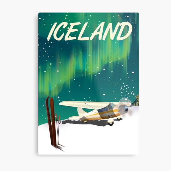 Iceland vintage style ski plane poster Metal Print