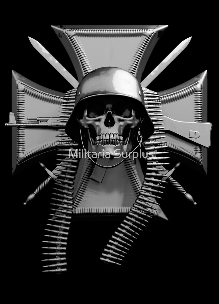 "Iron Cross Swords Skull Helmet MG 42 Bullet Belt & StG 44" by